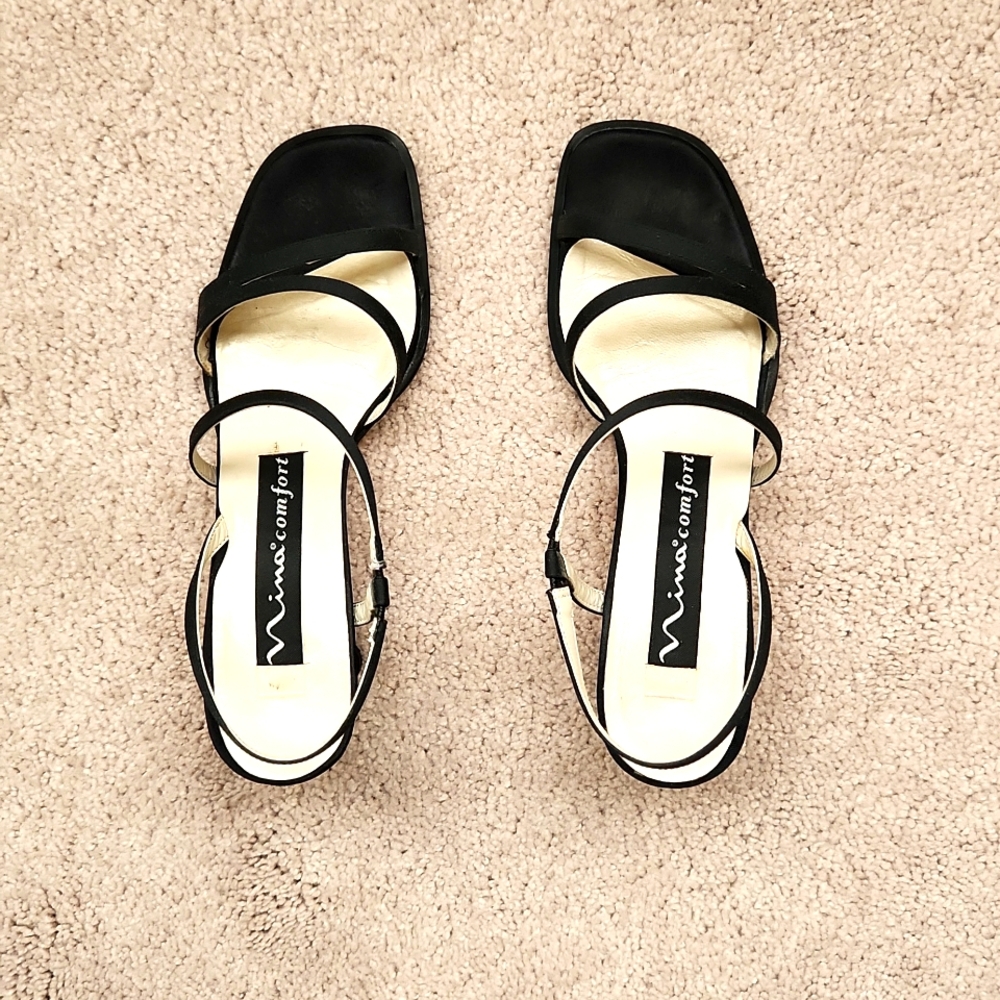 Satin strappy high heel dress sandals. By Nina Comfort.